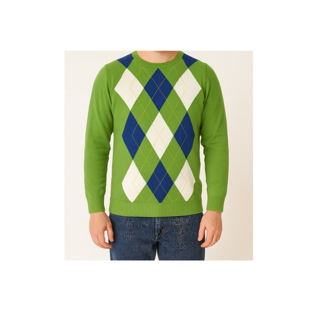 IZOD Mens Green Argyle Crewneck Sweater Navy Blue White Knit Pullover‎ Medium